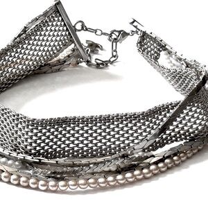 ✨ Vintage CHANEL Silver Mesh & Pearl Choker — Art Deco Couture Statement ✨